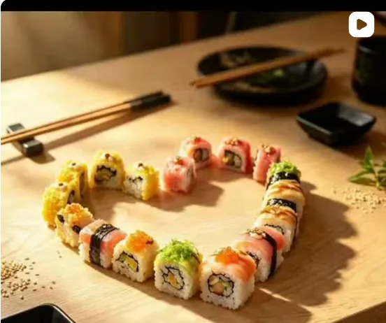 Shaxian Snacks — yog'och stolda yarim doira shaklida terilgan sushi rollar assortimenti